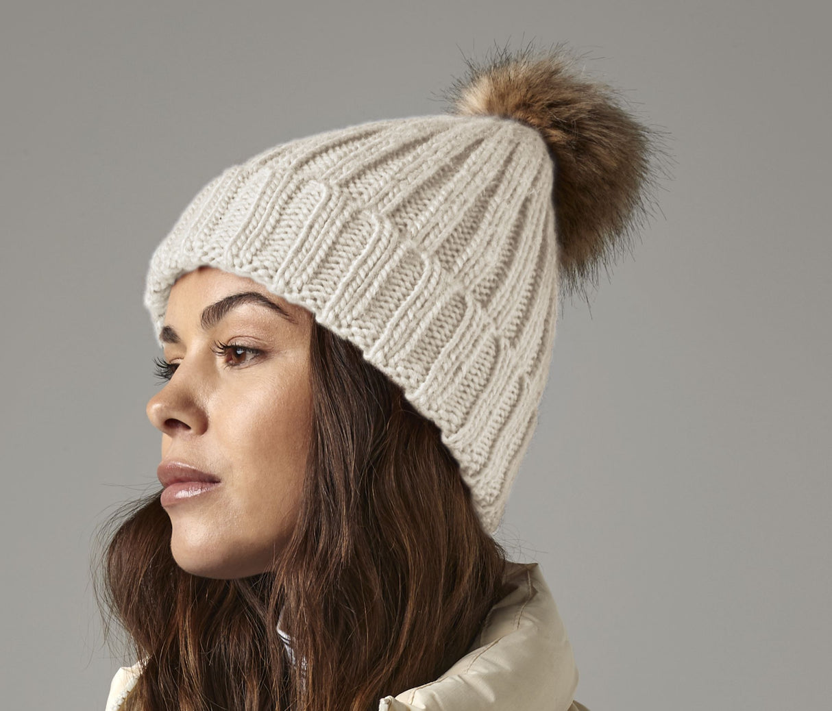 BEECHFIELD FAUX FUR POP POM CHUNKY BEANIE
