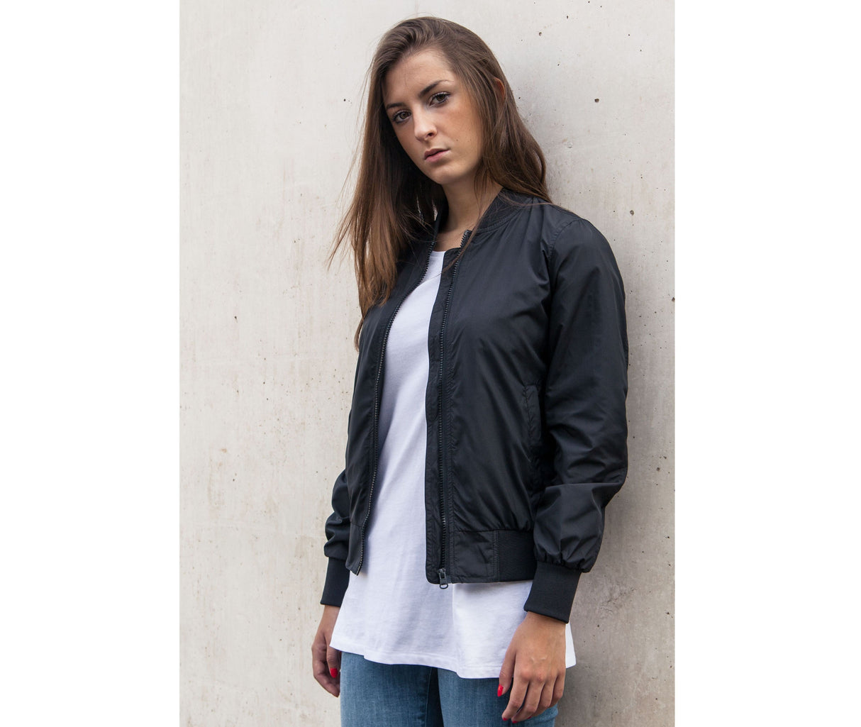 BUILD YOUR BRAND LADIES NYLON BOMBER JACKET
