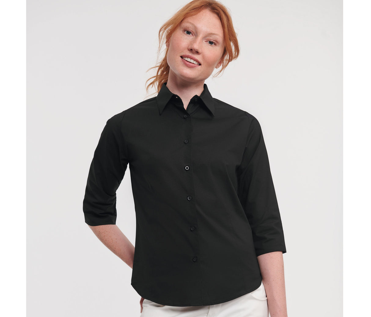 RUSSELL COLLECTION LADIES' 3/4 SLEEVE FITTED STRETCH SHIRT