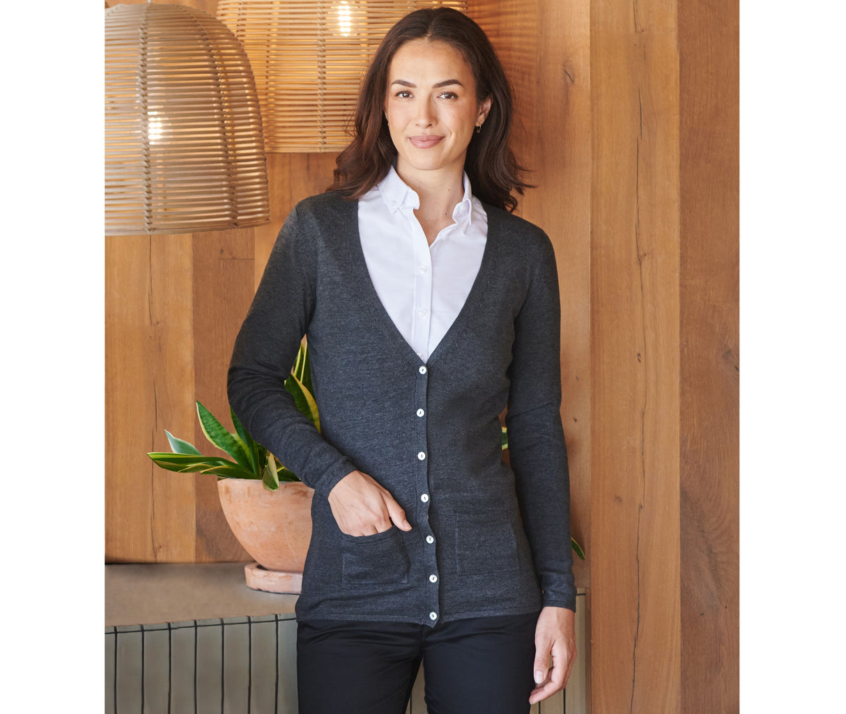 LADIES V-NECK BUTTON CARDIGAN