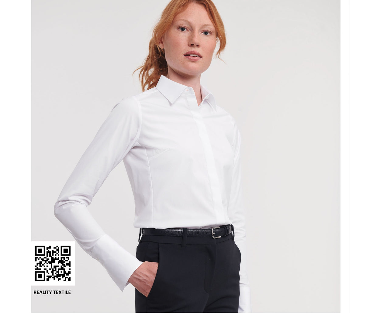 RUSSELL COLLECTION LADIES' LONG SLEEVE FITTED ULTIMATE STRETCH SHIRT