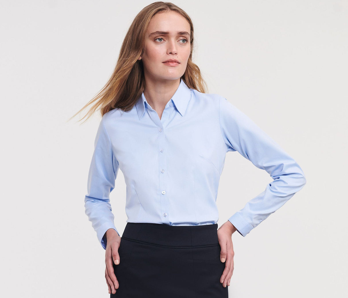 RUSSELL COLLECTION LADIES' LONG SLEEVE TAILORED HERRINGBONE SHIRT