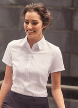 RUSSELL COLLECTION LADIES' SHORT SLEEVE TAILORED HERRINGBONE SHIRT