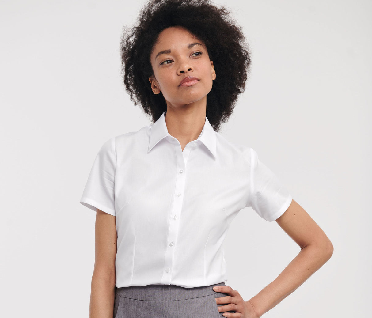 RUSSELL COLLECTION LADIES' SHORT SLEEVE TAILORED HERRINGBONE SHIRT
