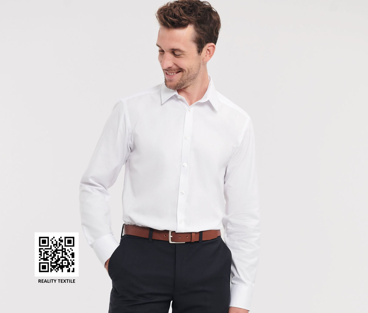 RUSSELL COLLECTION MEN'S LONG SLEEVE TAILORED HERRINGBONE SHIRT