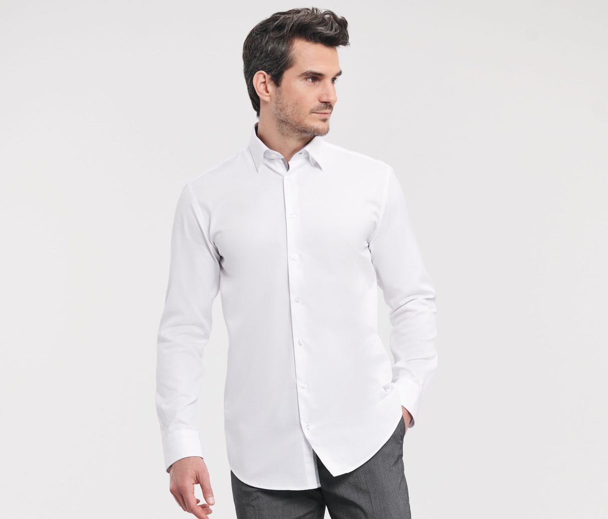RUSSELL COLLECTION MEN'S LONG SLEEVE TAILORED CONTRAST HERRINGBONE SHIRT